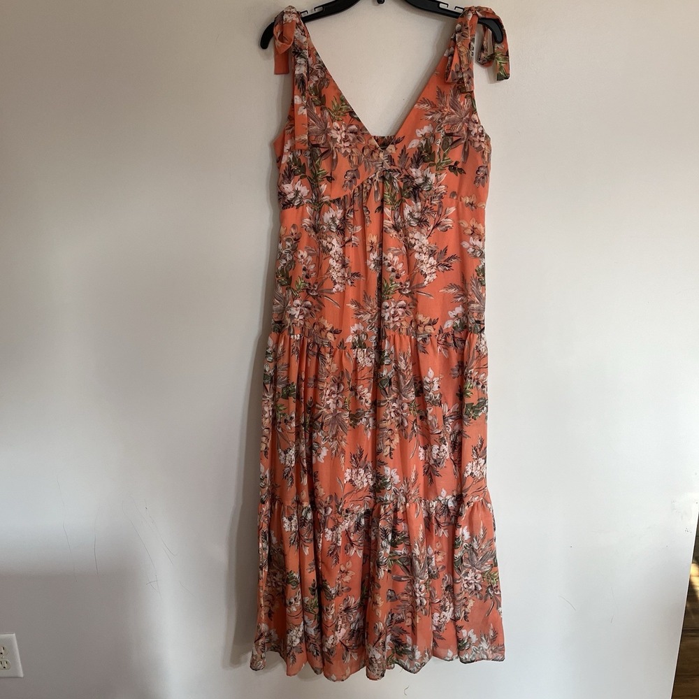 Melonie T Floral Tiered Maxi Dress Coral Orange Tie Shoulder Smocked Back 10